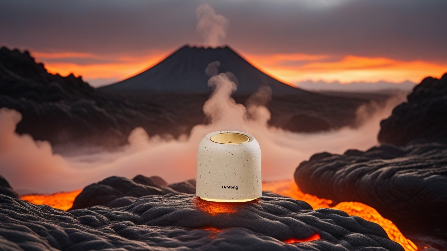 Aromatherapy diffuser placed in a volcanic landscape, evoking a sense of travel and landing in a mysterious and adventurous environment.