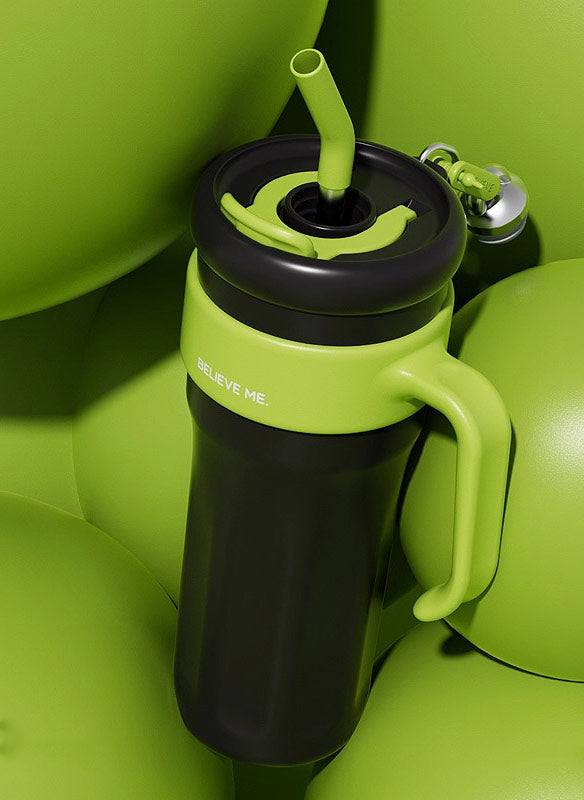 MyLaEvo black bottle with green handle in spherical green backdrop