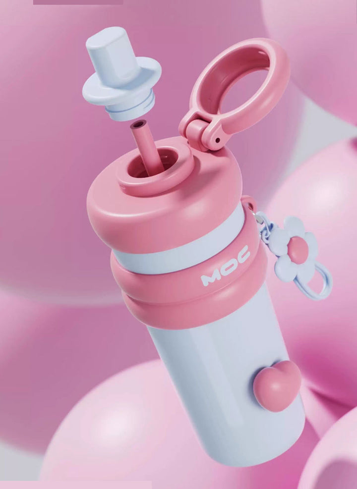MyLaEvo light blue bottle with open cap revealing pink straw, against pink spherical background
