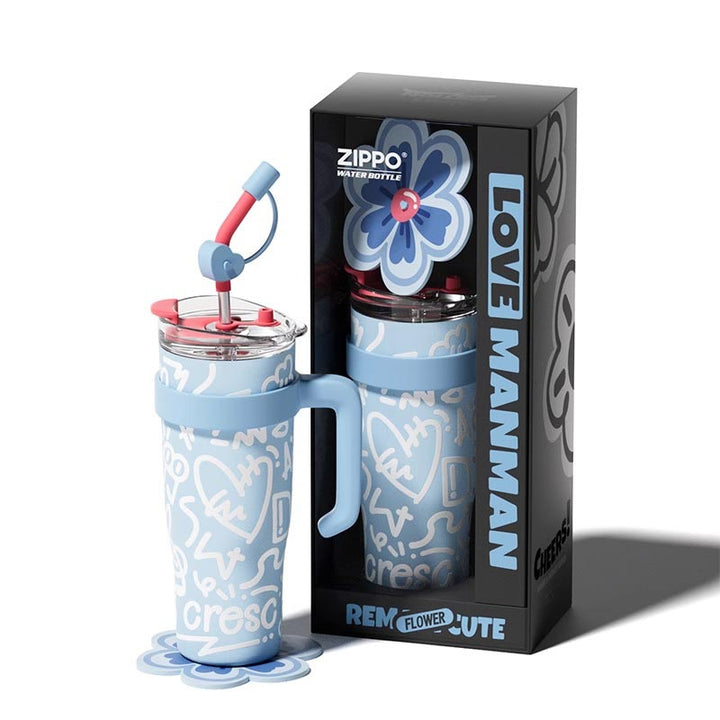 MyLaEvo light blue bottle with white heart pattern and box on minimalist white base