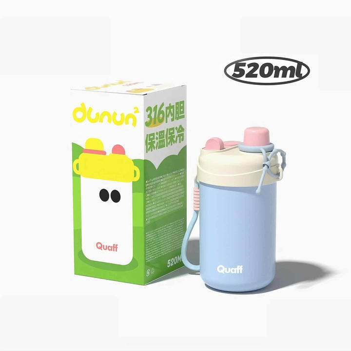 Blue cream bottle with pink accents displayed on white background alongside cute illustration packaging.