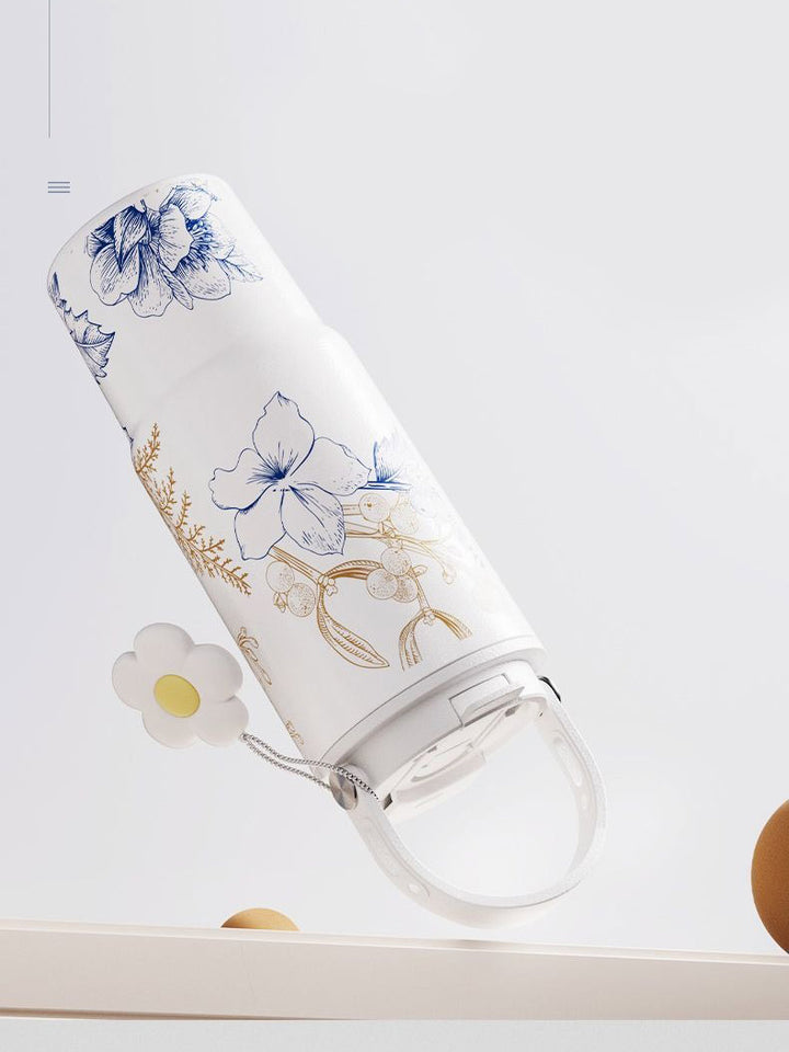 Blue Lily tumbler shown upside down to highlight leakproof design – MyLaEvo.