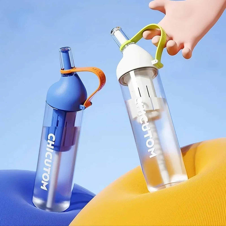 Blue and white bottles on blue and yellow balls, showing lightweight design against blue background