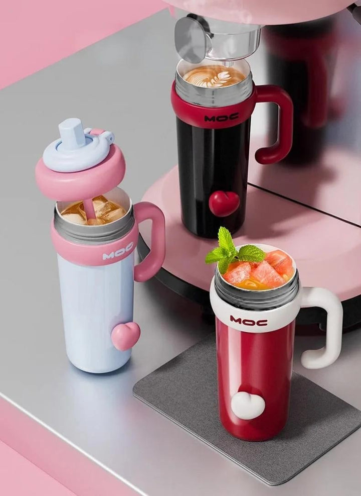 MyLaEvo bottles in assorted colors beside coffee machine, for tea, juice or hot drinks