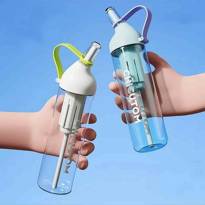 Cute cartoon hands holding white and green bottles from low angle with sky background.