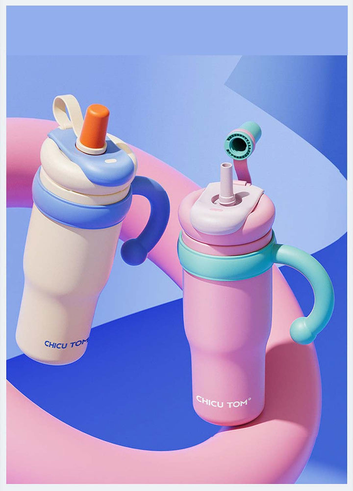 MyLaEvo ivory and pink bottles with contrasting caps displayed in pink-blue split background