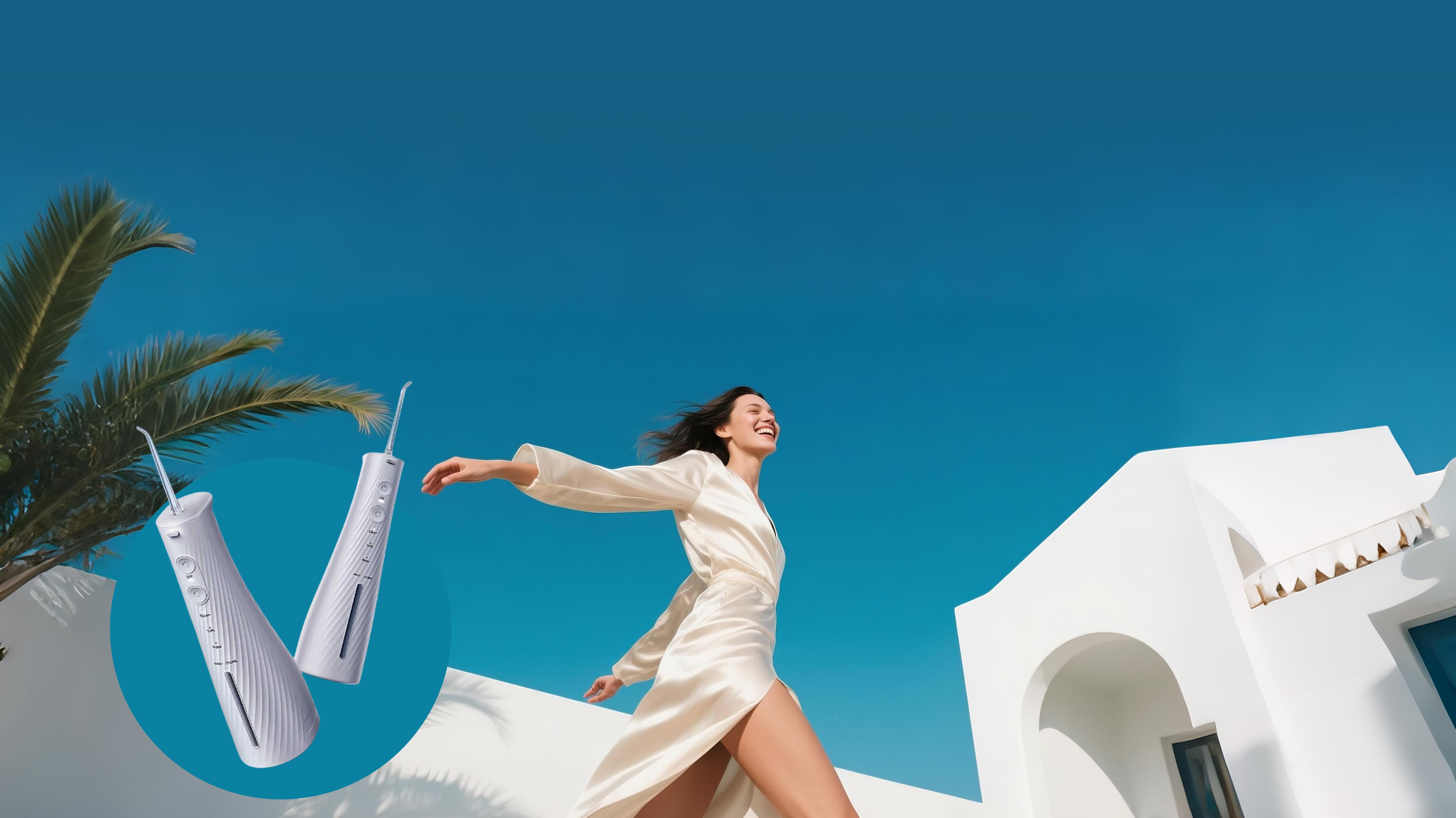 Confident woman walking gracefully in a minimalist setting with simple blue and white tones, highlighting her radiant presence and elegant style
