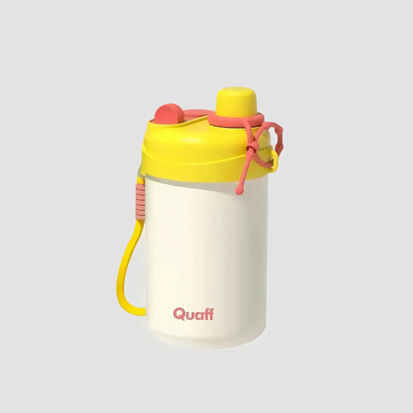 Cute women's insulated water bottle in creamy pastel colors with adorable decorations on gray background