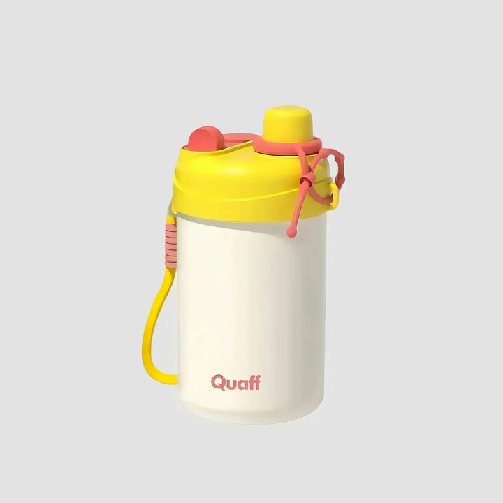 Cute women's insulated water bottle in creamy pastel colors with adorable decorations on gray background