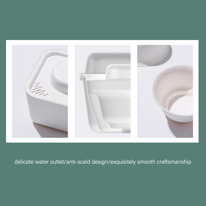 Disposable tea set displayed with features and benefits, highlighting convenience and eco-friendliness.