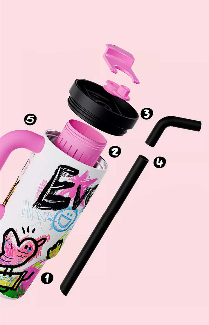 Dopamine tumbler disassembled parts on pink background showing all components clearly
