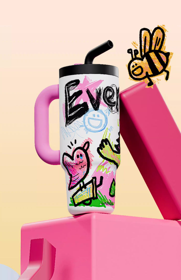 Pink tumbler with bee illustration on yellow-pink gradient background, lively dopamine style