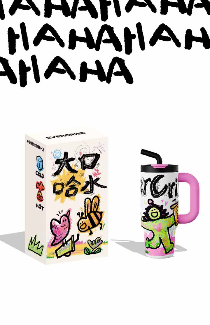 Pink handle dopamine tumbler with playful art print and white background with HAHAHA text
