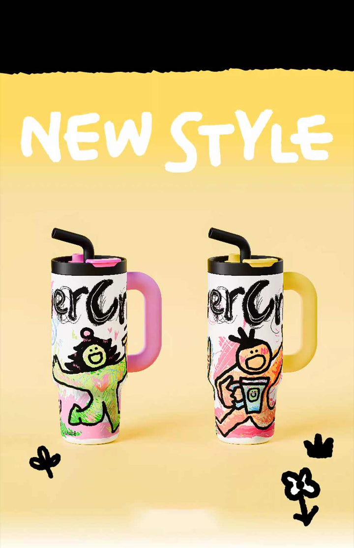 Pink and yellow handle dopamine tumblers on yellow gradient background with “new style” text
