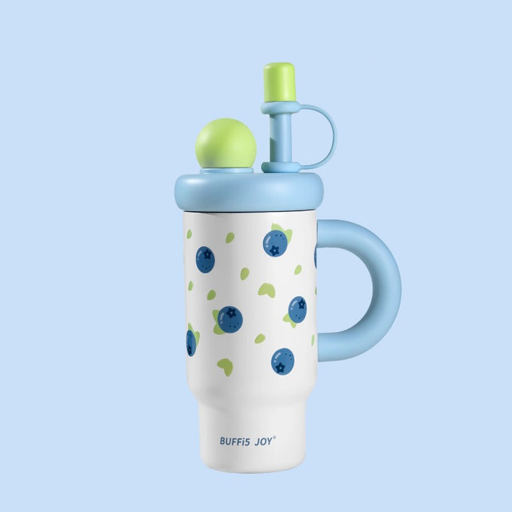 Blueberry print insulated bottle in white and blue with dopamine colors on blue background