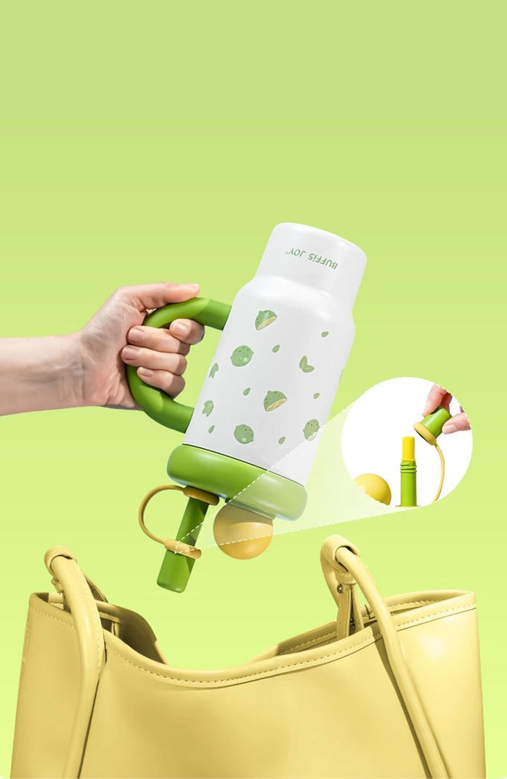 Lemon green bottle held upside down near handbag, leakproof test in daily life