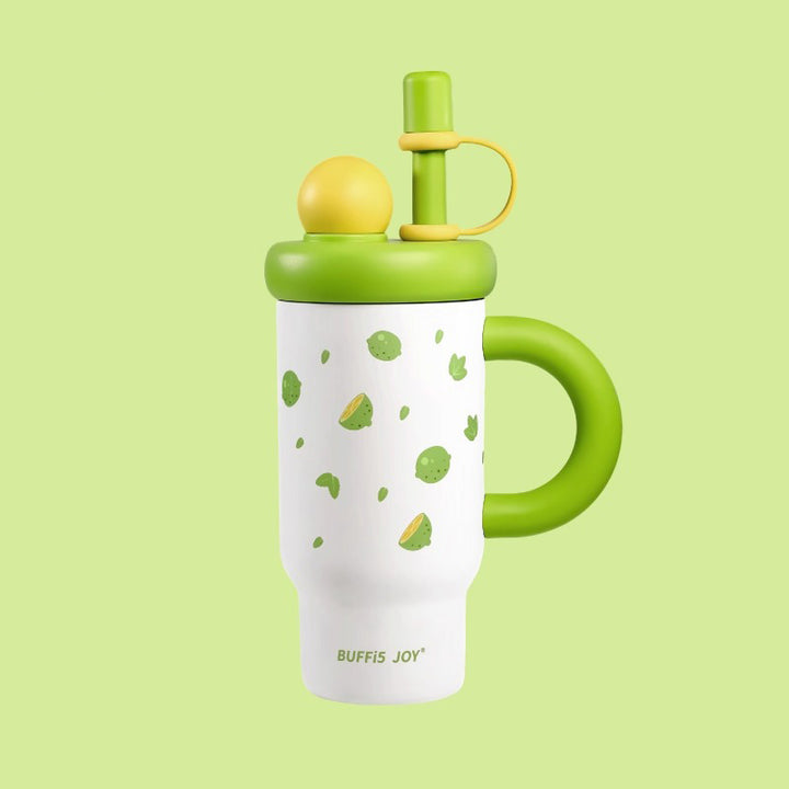 Lemon print water bottle in white and green with dopamine colors on green background
