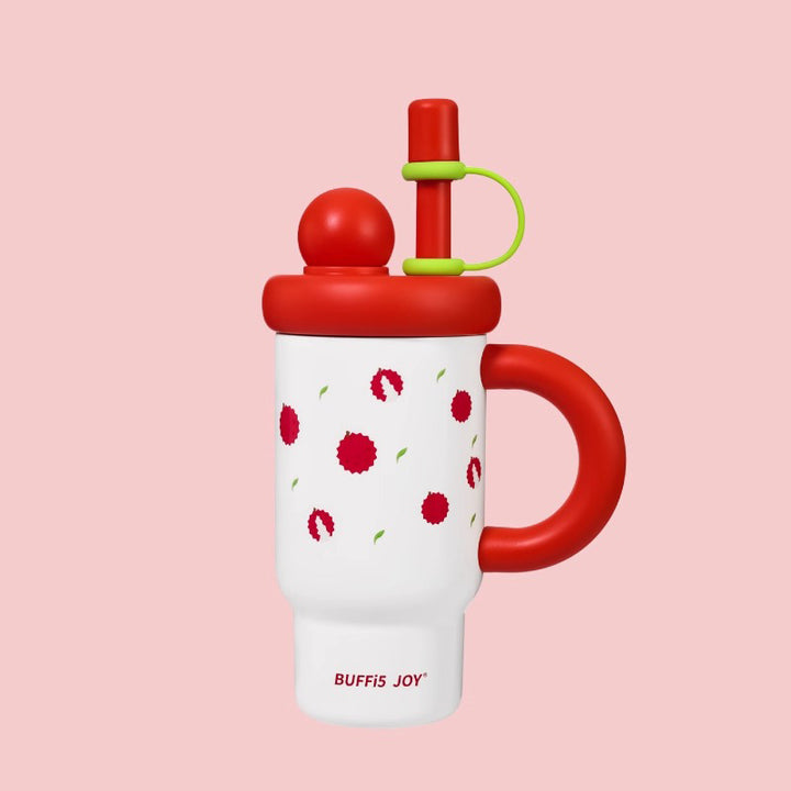 Red lychee bottle on red backdrop, bold and vibrant dopamine color display