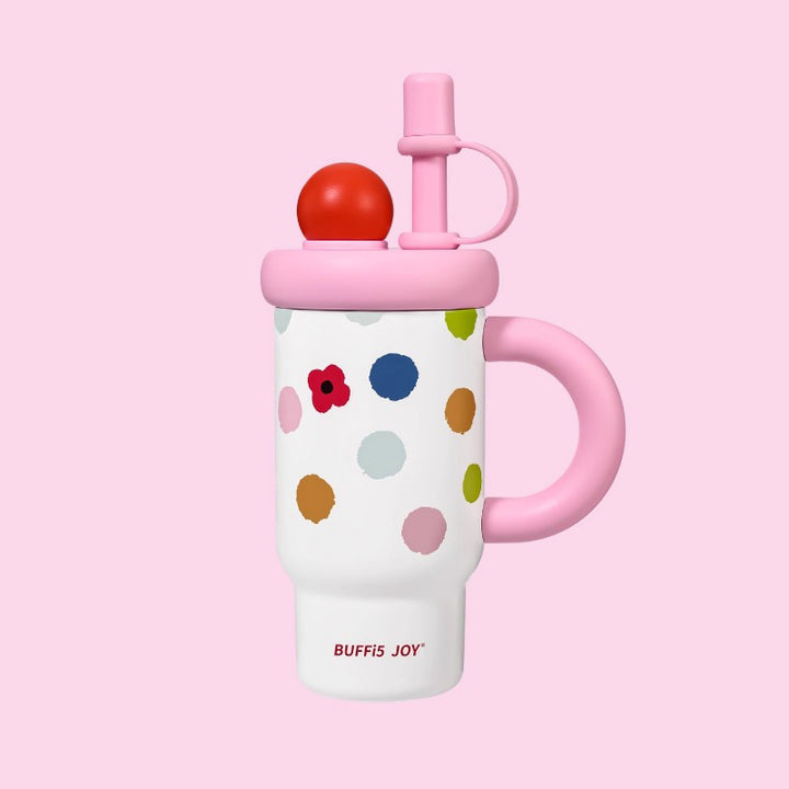 Pink dopamine bottle on pink background, fun and cute colorful hydration style