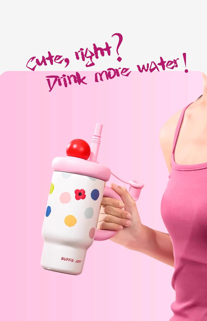 Girl in pink holding dopamine pink bottle on pink background, cute and colorful design