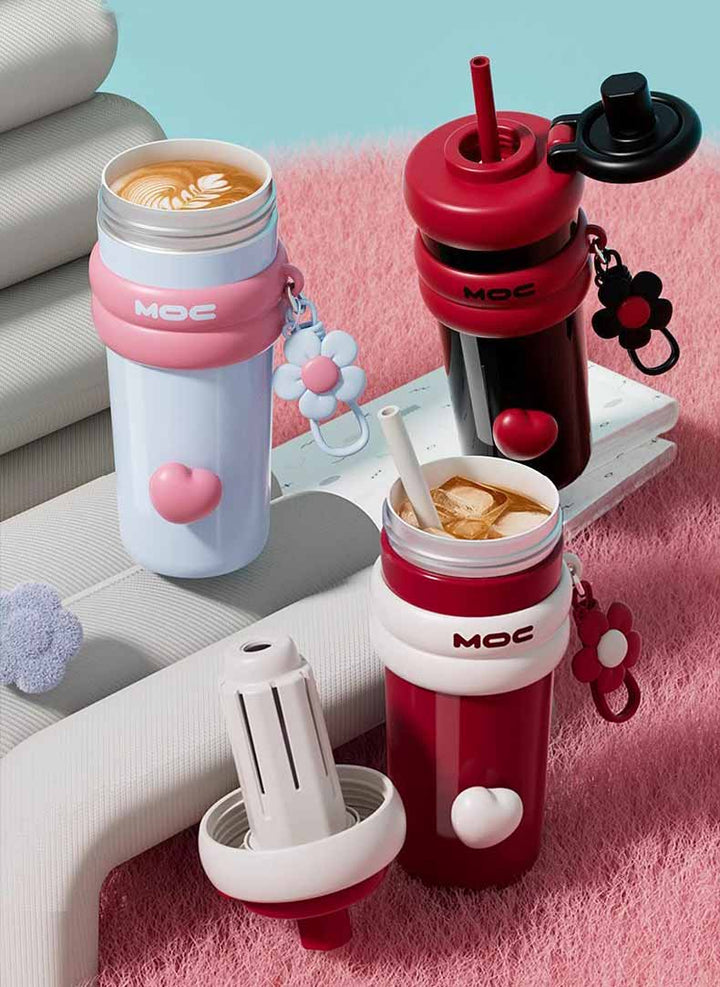MyLaEvo blue-pink, black-red, red-cream bottles showing hot/cold drinks and straw use in scenes