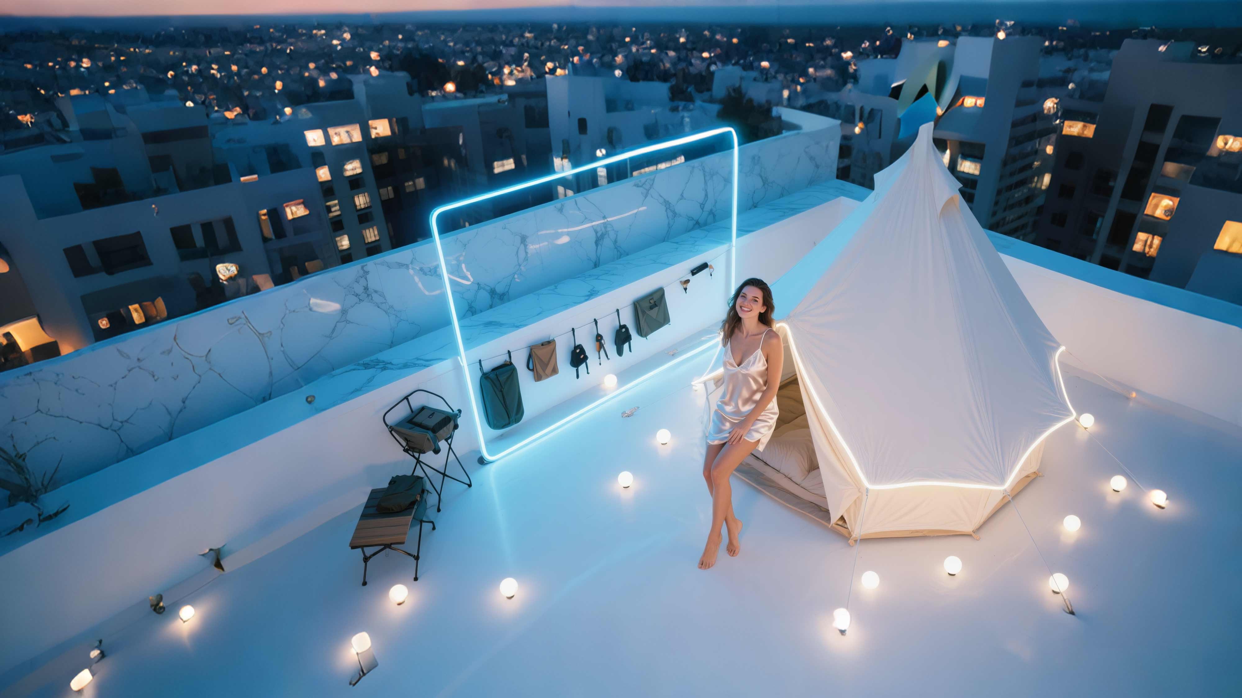 Elegant woman wearing a silk dress standing outside a tent on a high platform, illuminated by LED light strips and ambient lighting, captured from a high angle to showcase the beauty of graceful camping.