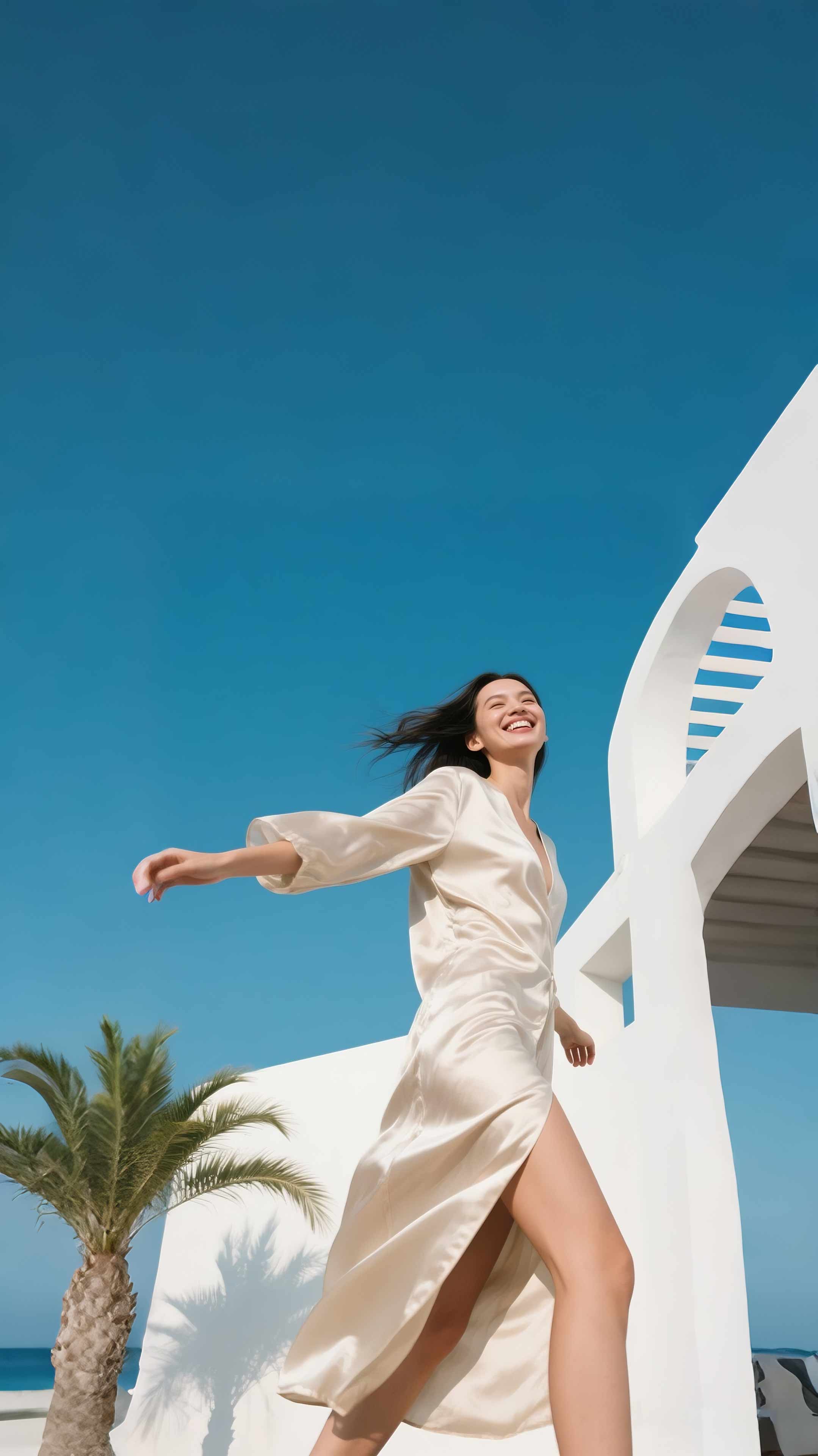 Elegant woman in silk attire walking confidently through a residential area with white houses and blue skies, radiating grace and feminine charm.