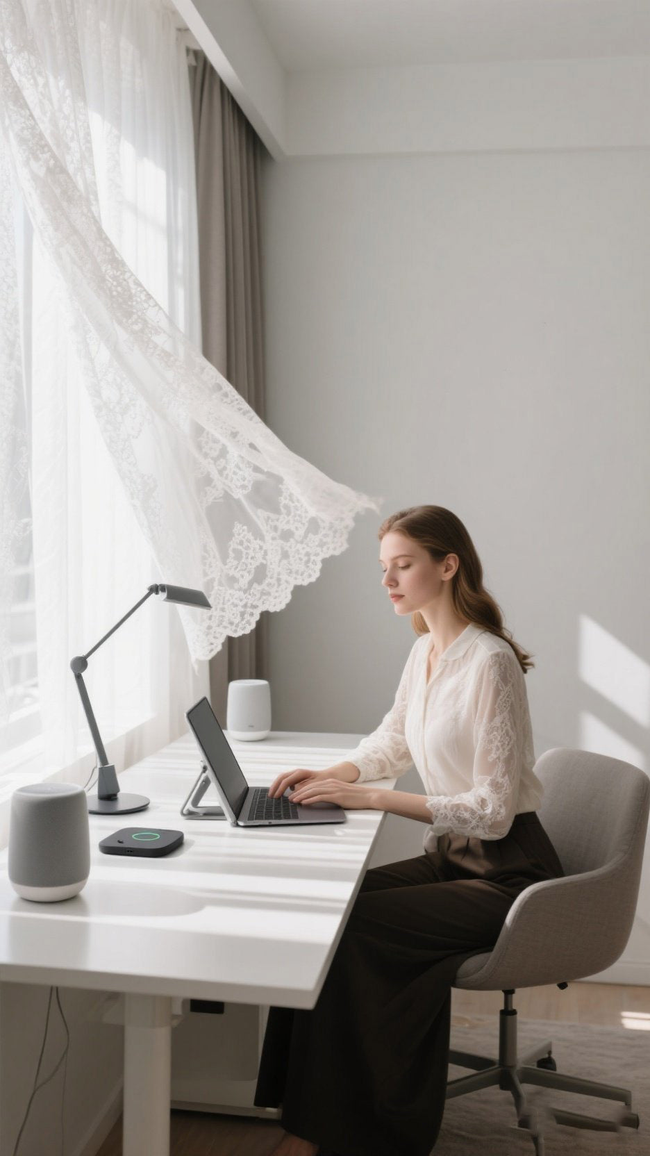 Elegant woman working on a laptop at a desk in a bright, minimalist home with sunlight streaming through flowing curtains.