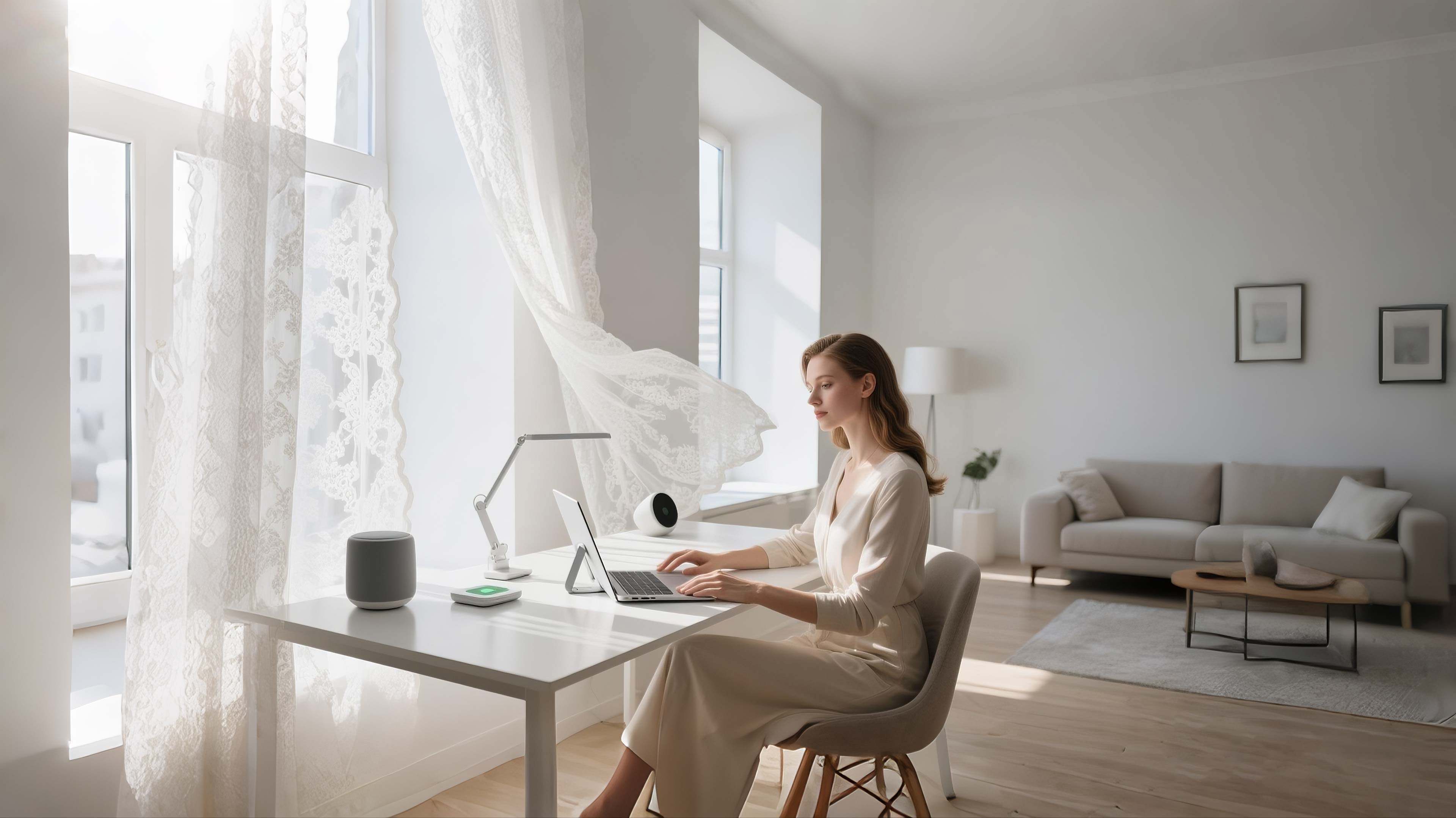Elegant woman working on a laptop at a desk in a minimalist home environment, with light curtains flowing by the window, creating a calm and refined atmosphere.