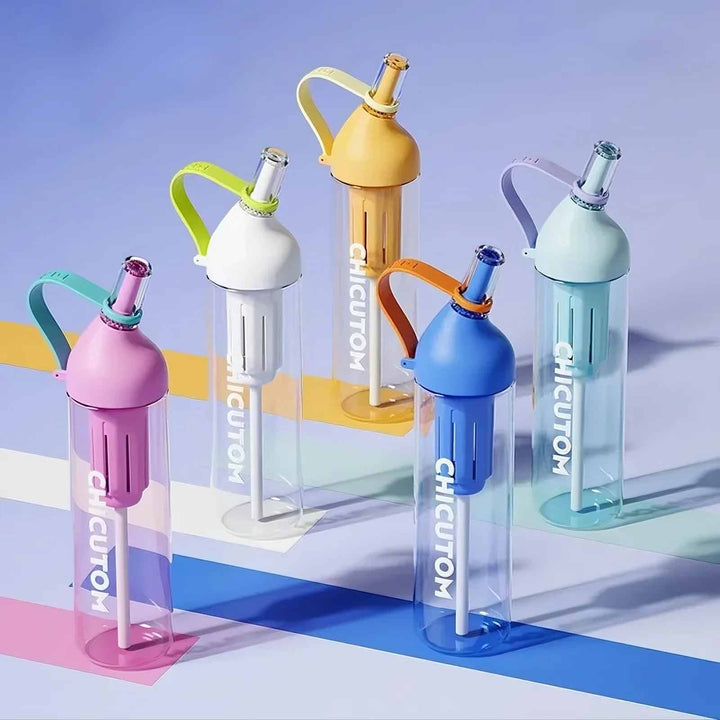 Five colorful products displayed on blue background with striped color blocks, highlighting vibrant design.