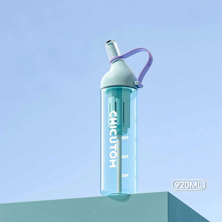 Green product on green surface with purple minimalist strap against blue background, highlighting color contrast.