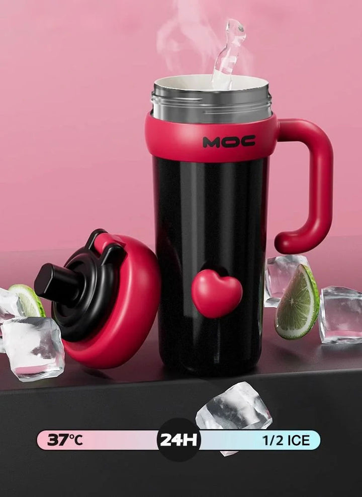 MyLaEvo black-white bottle open on dark surface with steam and ice, showing thermal range