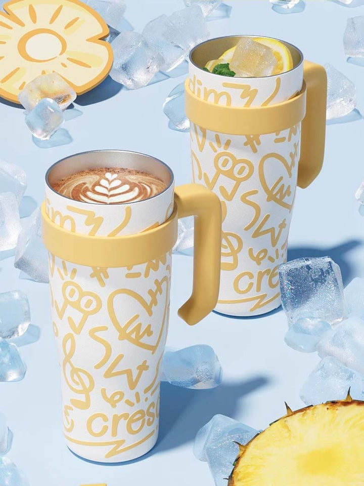 MyLaEvo bottle with open lid, showing dual use for coffee and cold drinks on icy backdrop