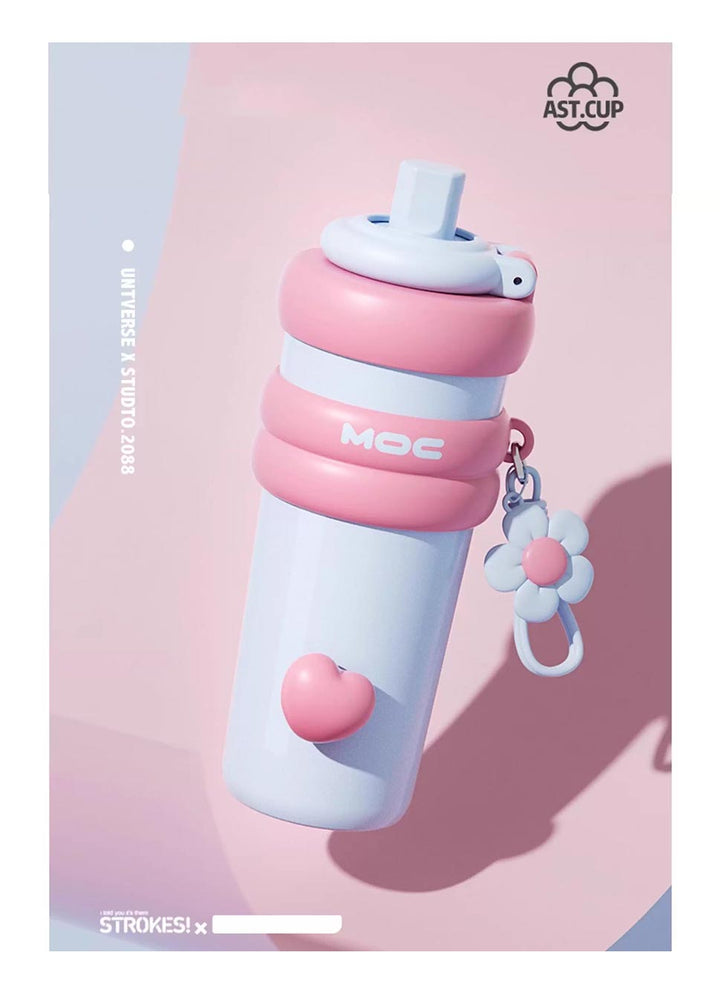 MyLaEvo light blue bottle with pink accents and heart floral design on soft pink background