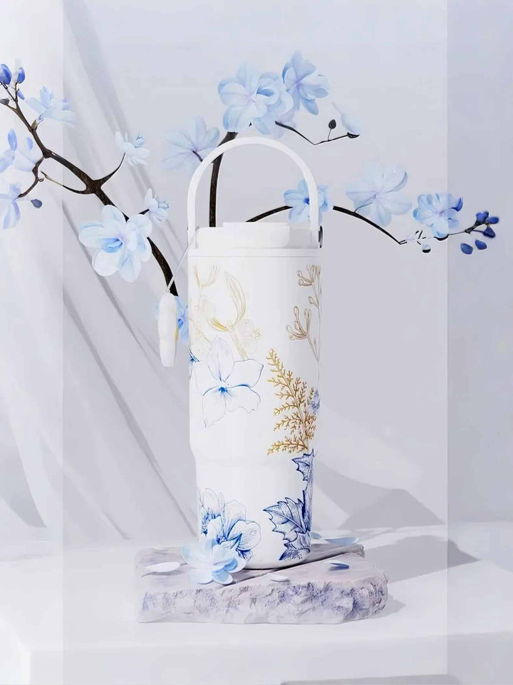 Lily print tumbler in serene space with floral styling – MyLaEvo.