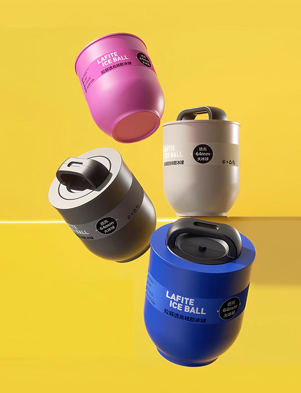 MyLaEvo sharpeners in beige, red, blue, and gray on yellow background