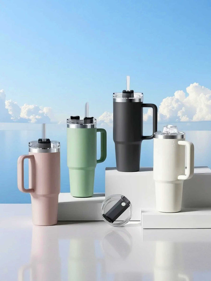 MyLaEvo bottles in pink, green, black, and white on white platform with sky background