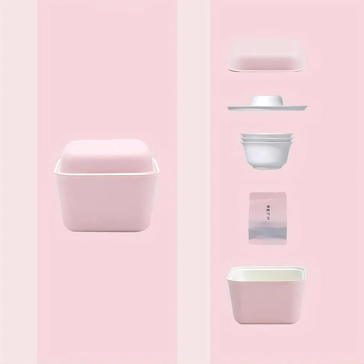 Peach Oolong tea set shown whole and exploded on pink background, highlighting design and details.