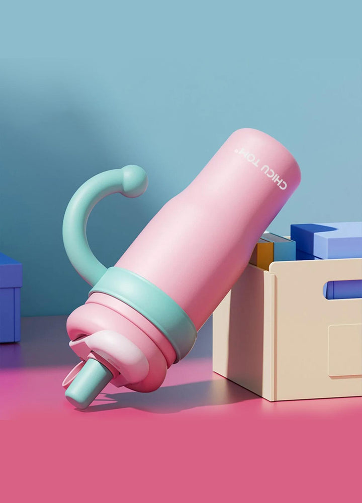 MyLaEvo pink stainless bottle with blue handle shown upside down for leakproof demo in red-blue setting