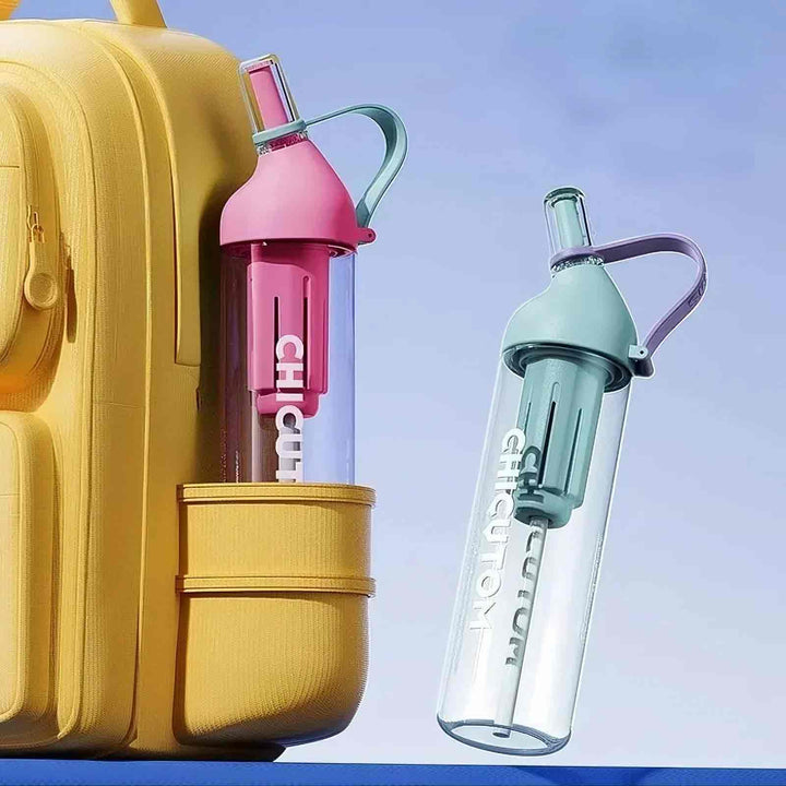 Pink product beside yellow backpack and green product displayed against blue background.