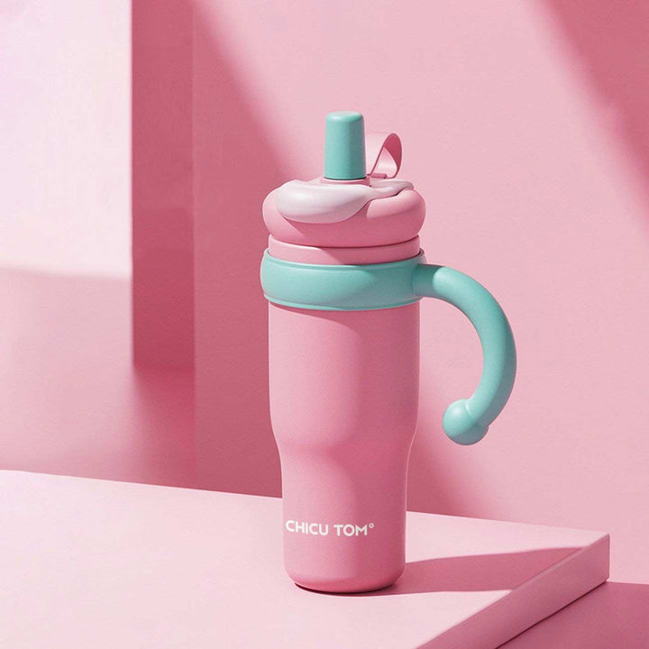 MyLaEvo light pink bottle with milky green handle and cap on soft pink background