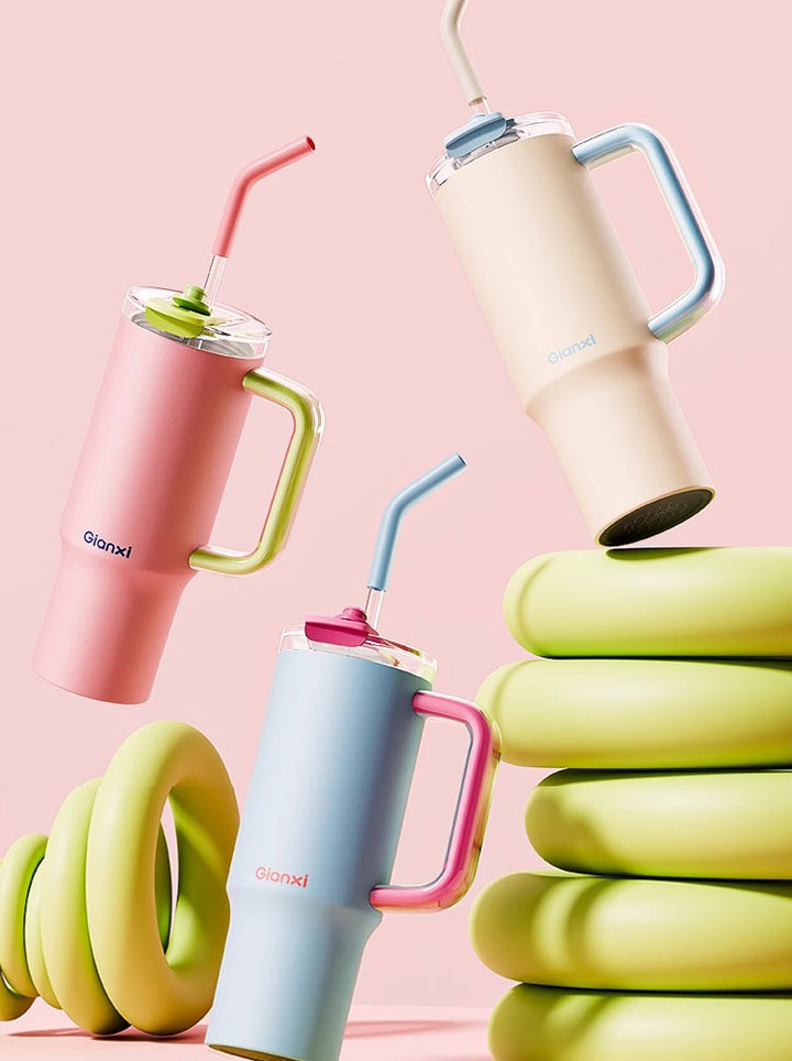Pink, yellow, and blue bottles with green sporty accents on pink background – MyLaEvo.
