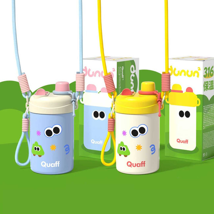Playful cups in soft creamy tones, mixing blue, beige, white, yellow, pink, and red, on fresh green-white scene.