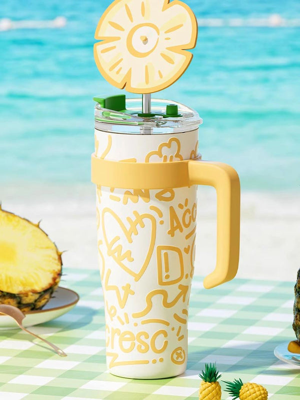 MyLaEvo yellow printed bottle on checkered blue-white tablecloth with pineapple nearby