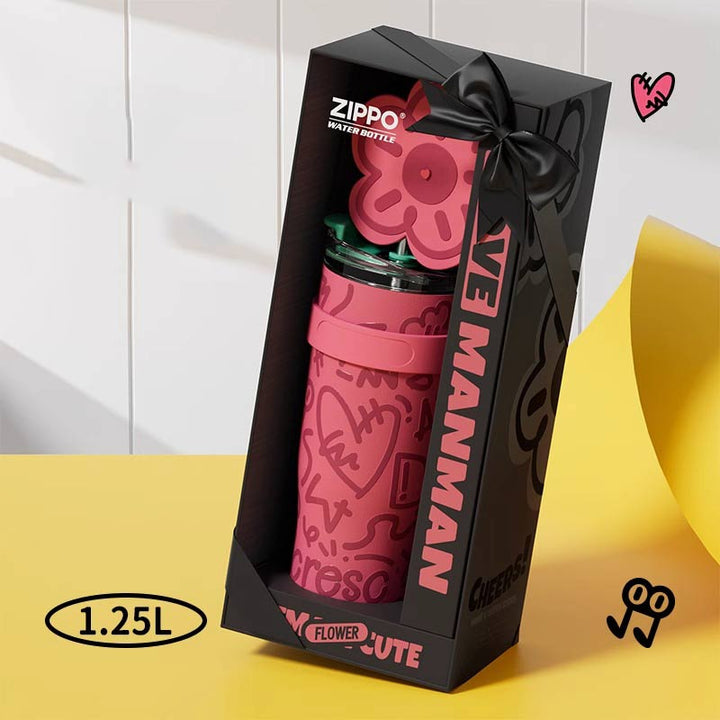 MyLaEvo red bottle with emotional print and black box on yellow-white platform