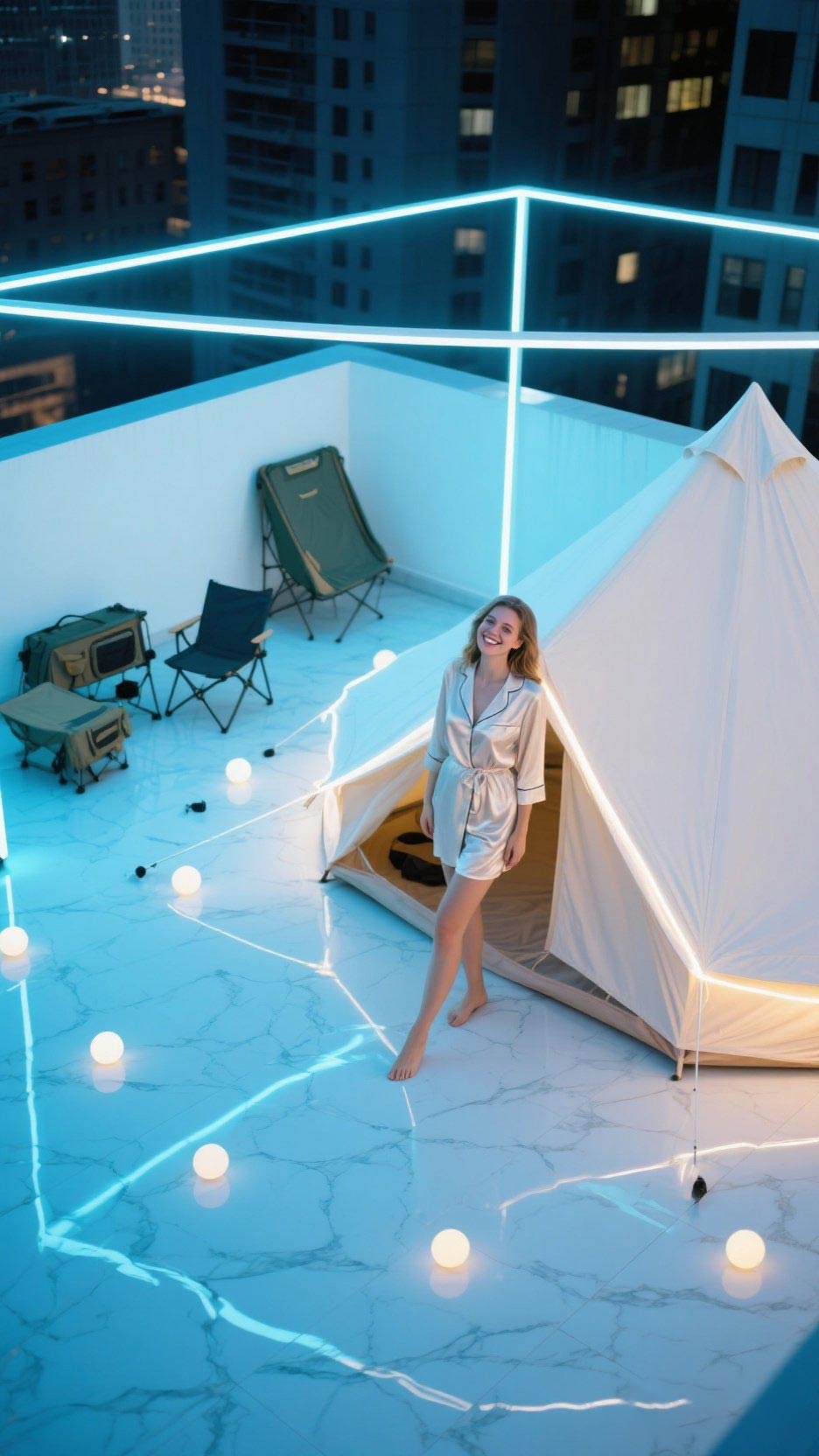 Elegant woman in silk sleepwear leaning against a tent on a rooftop camping setup, surrounded by soft string lights and city views.