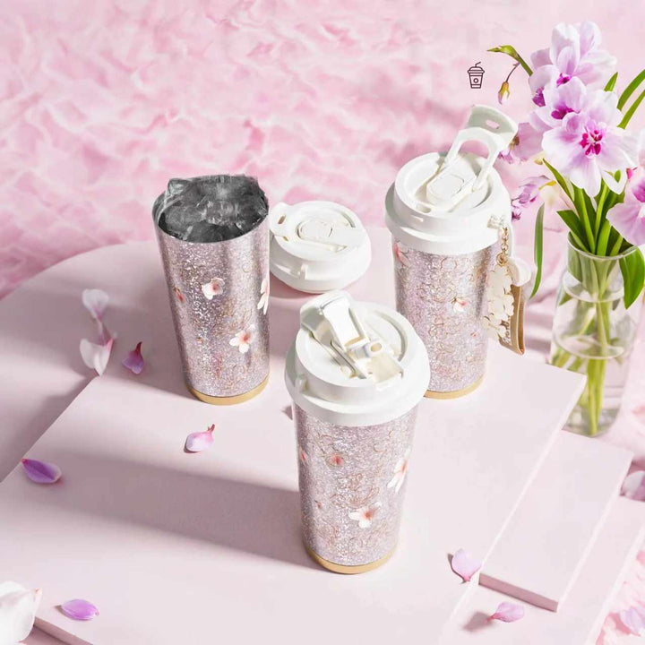 MyLaEvo sakura titanium cups with three lid styles in pink setting