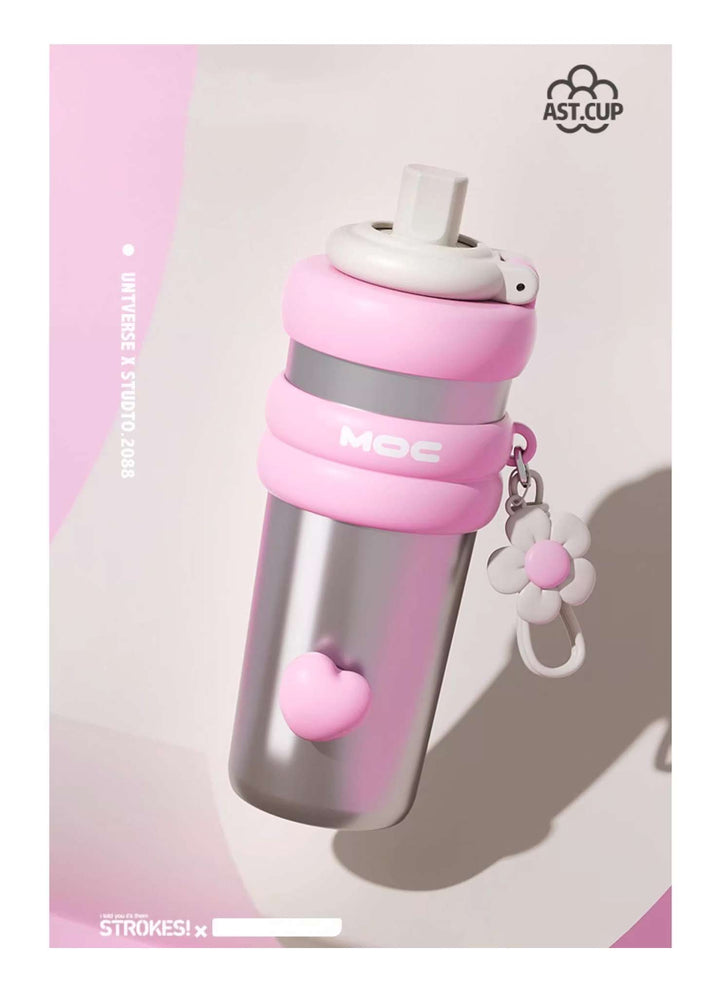 MyLaEvo silver stainless bottle with pink accents and heart floral pattern on pale pink background
