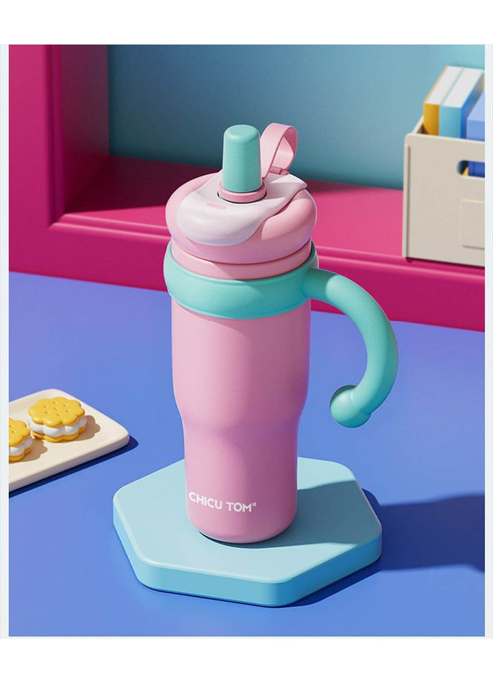 MyLaEvo pink-blue bottle beside snacks with colorful red-purple-blue backdrop
