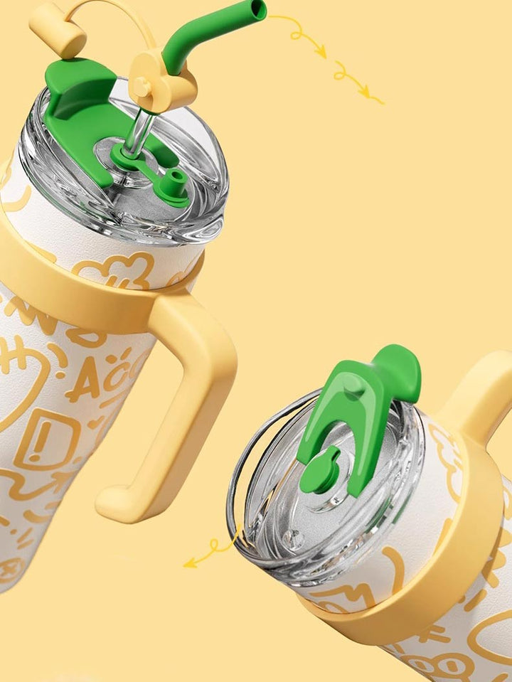 MyLaEvo bottle lid showing straw and direct-drink design against soft yellow backdrop